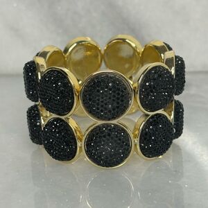 Zara Gold Tone Round Druzy Textured Black Two Rows Stretch Fashion Bracelet OS